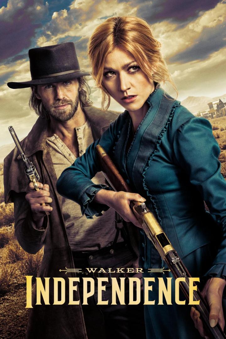 Ein Mann mit Hut und eine Frau mit Gewehr auf dem Filmplakat zu „Walker: Independence“.