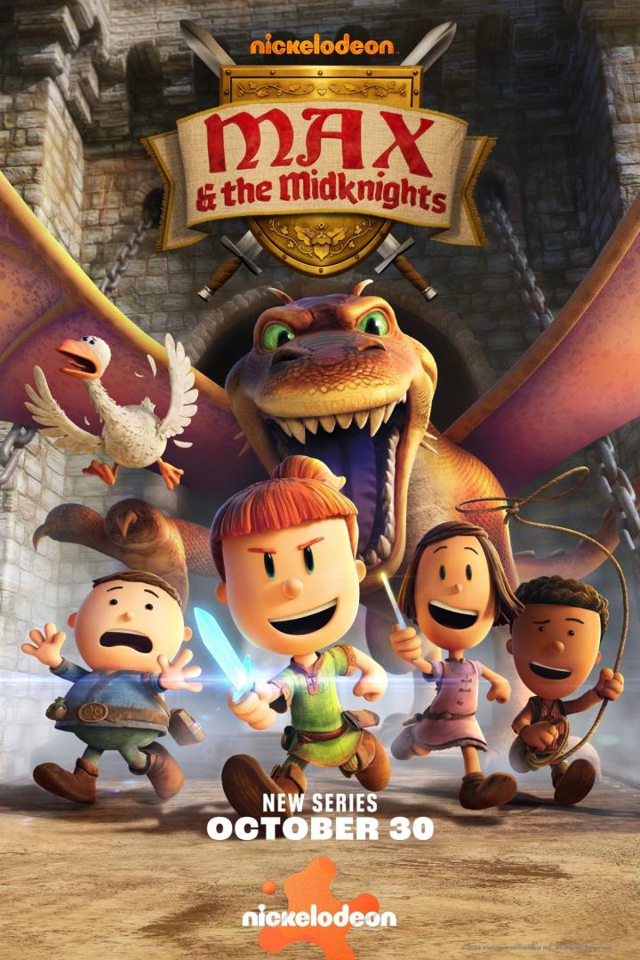 Das Poster für die neue Nickelodeon-Serie „Max & the Midknights“ mit einem Drachen und mehreren Kindern.