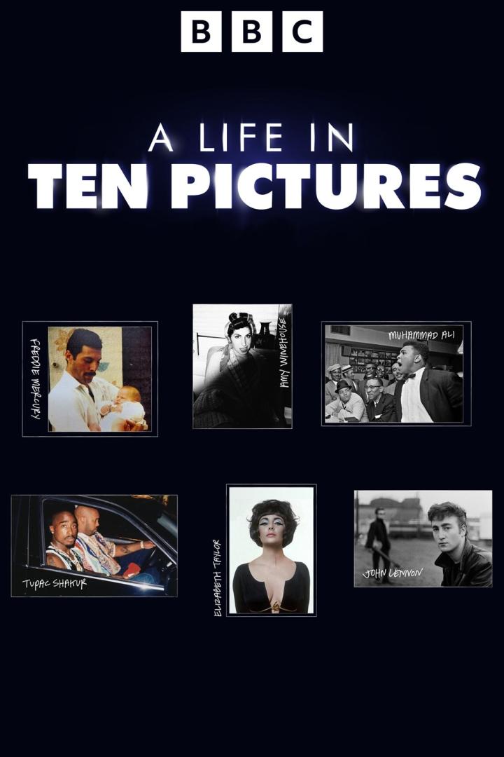 Das BBC-Logo und das Titelbild von „A Life in Ten Pictures“ mit Porträts von Freddie Mercury, Tupac Shakur, Elizabeth Taylor, Amy Winehouse, John Lennon und Muhammad Ali.