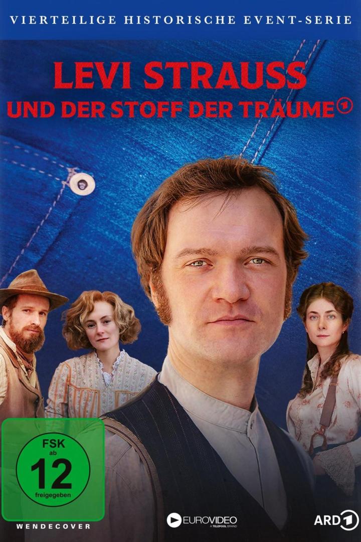 Das Cover der Event-Serie „Levi Strauss und der Stoff der Träume“ zeigt Levi Strauss und weitere Personen vor Jeansstoff.
