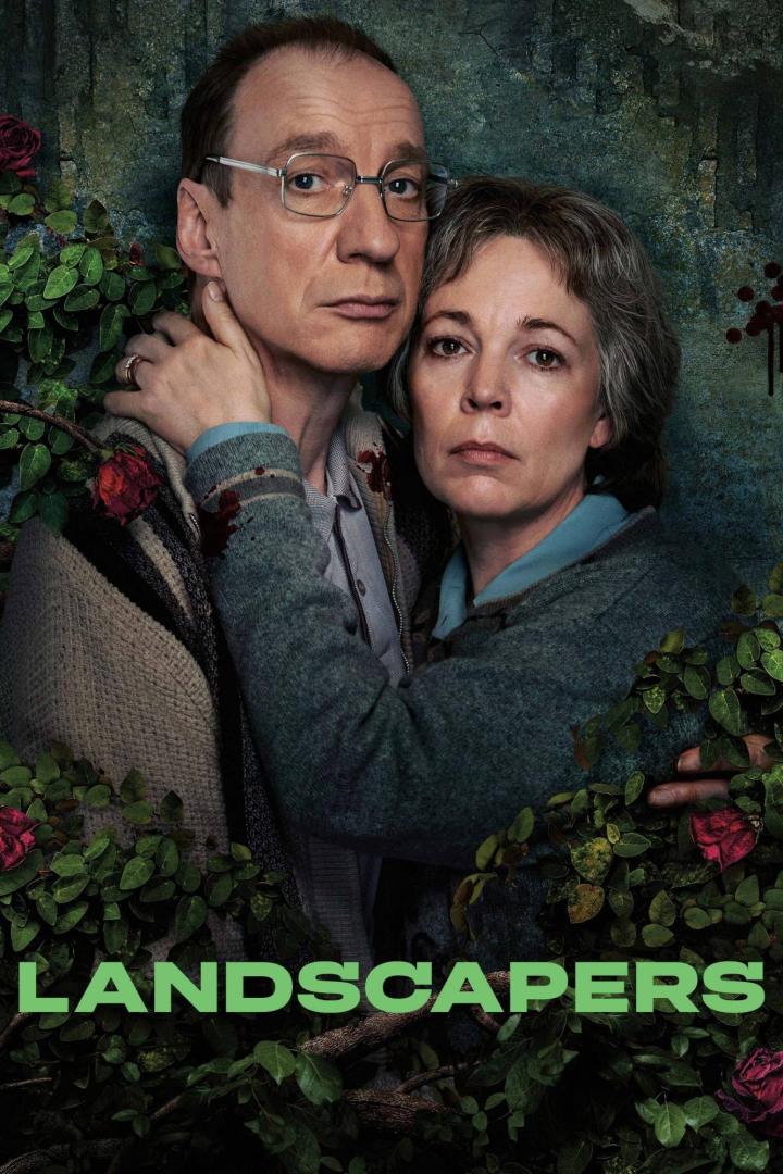 Das Filmplakat zu „Landscapers“ zeigt ein Paar, umgeben von Rosen und Grünzeug.