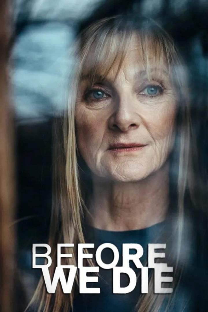 Das Gesicht einer älteren Frau vor dem Titelbild von „Before We Die“.