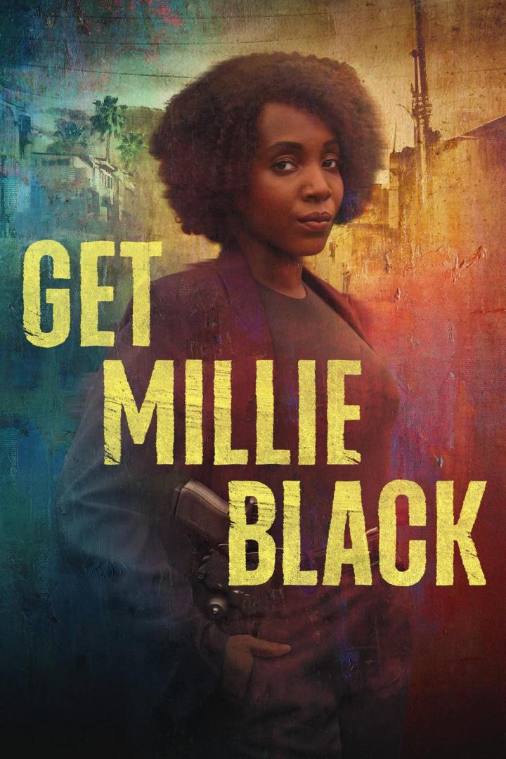Das Filmplakat für „Get Millie Black“ zeigt eine Frau mit einer Waffe vor einem farbenfrohen Hintergrund.