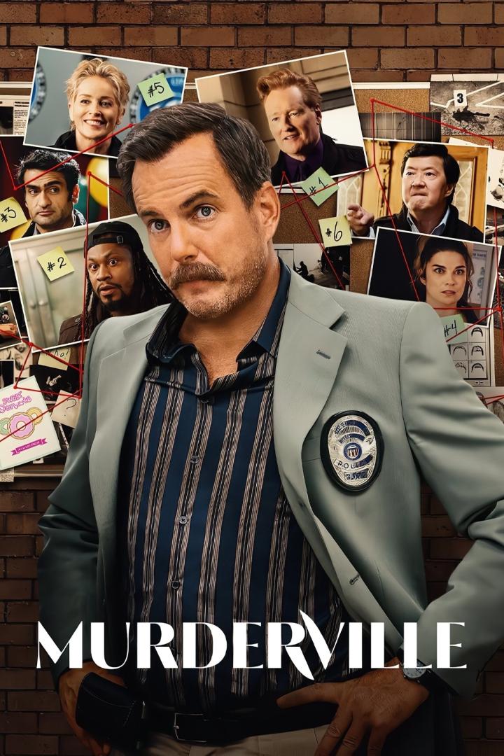 Das Poster zur Fernsehserie „Murderville“ zeigt Will Arnett als Detektiv mit prominenten Gaststars im Hintergrund.