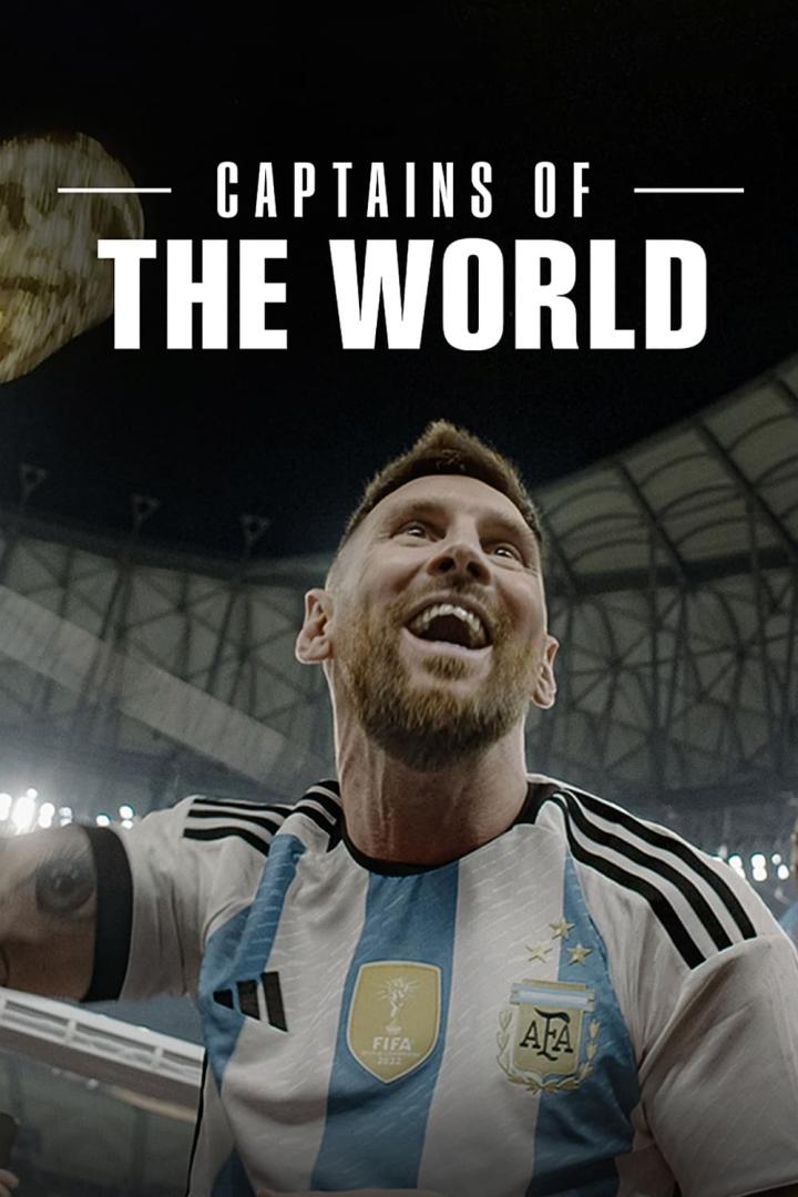 Lionel Messi jubelt mit dem WM-Pokal im Hintergrund für die Serie „Captains of the World“.