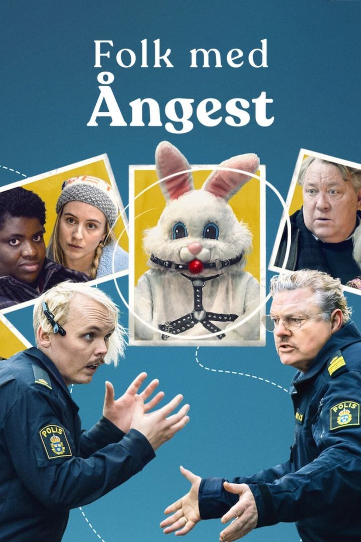 Das Poster für „Folk med Ångest“ zeigt Polizisten und einen Mann im Hasenkostüm.