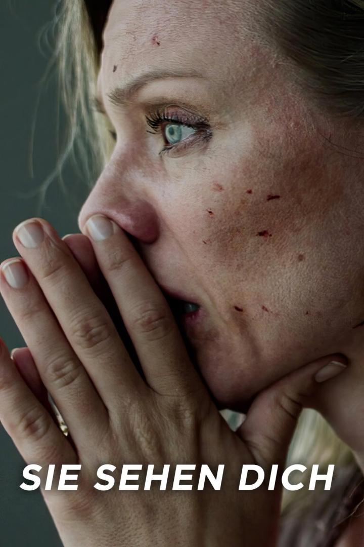 Das Gesicht einer verletzten, besorgten Frau, möglicherweise aus dem Film „Sie sehen dich“.