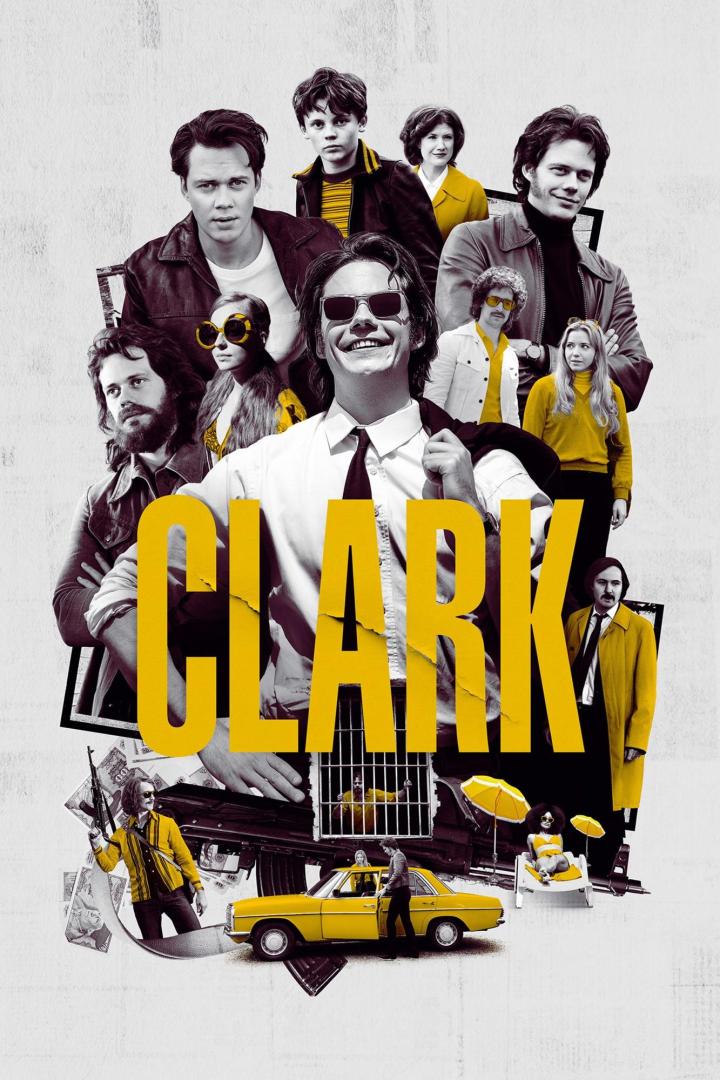 Das Poster für die Netflix-Serie „Clark“ zeigt Bill Skarsgård und andere Darsteller in verschiedenen Szenen.