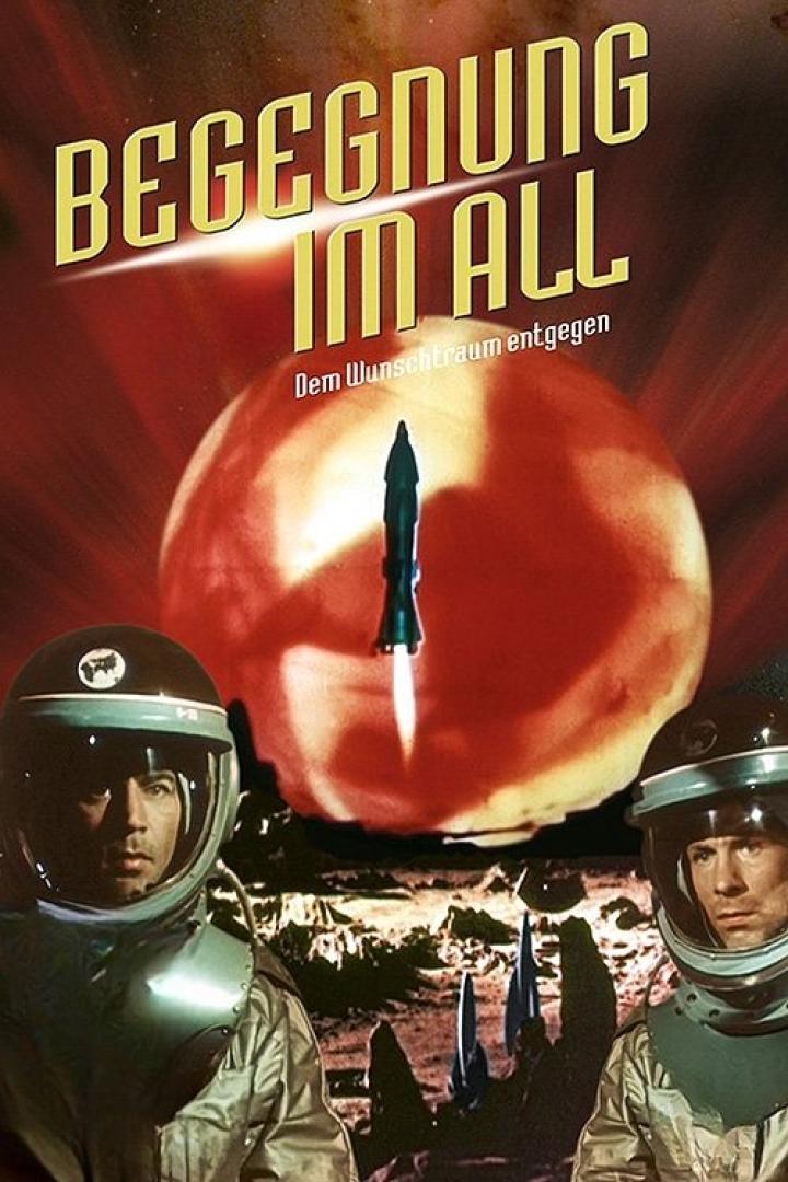 Das Filmplakat für „Begegnung im All“ zeigt zwei Astronauten und eine startende Rakete vor einem roten Planeten.