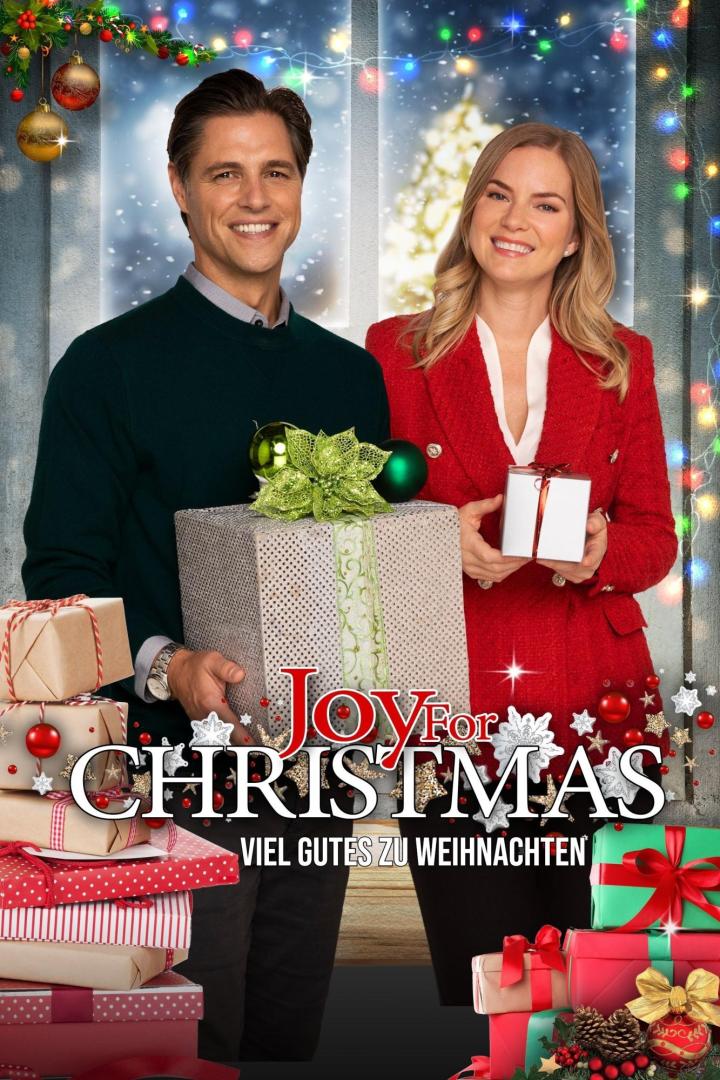 Ein Mann und eine Frau halten Geschenke vor dem Hintergrund des Films „Joy for Christmas“.