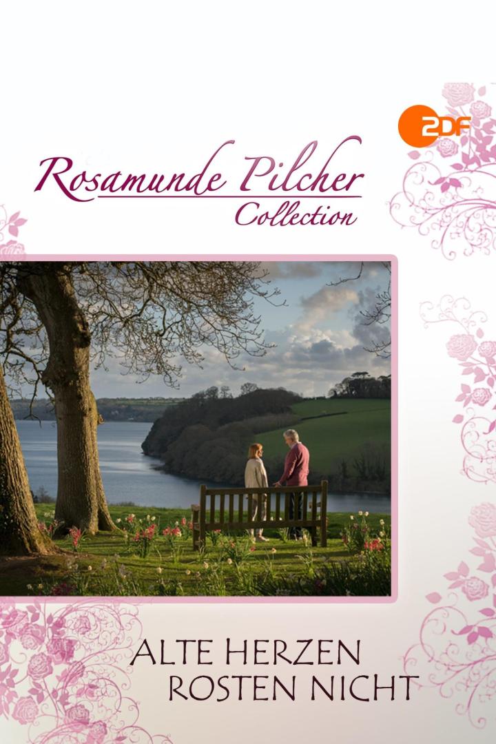 Ein Paar sitzt auf einer Bank mit Blick auf das Wasser, Titelbild für „Alte Herzen rosten nicht“ von Rosamunde Pilcher.