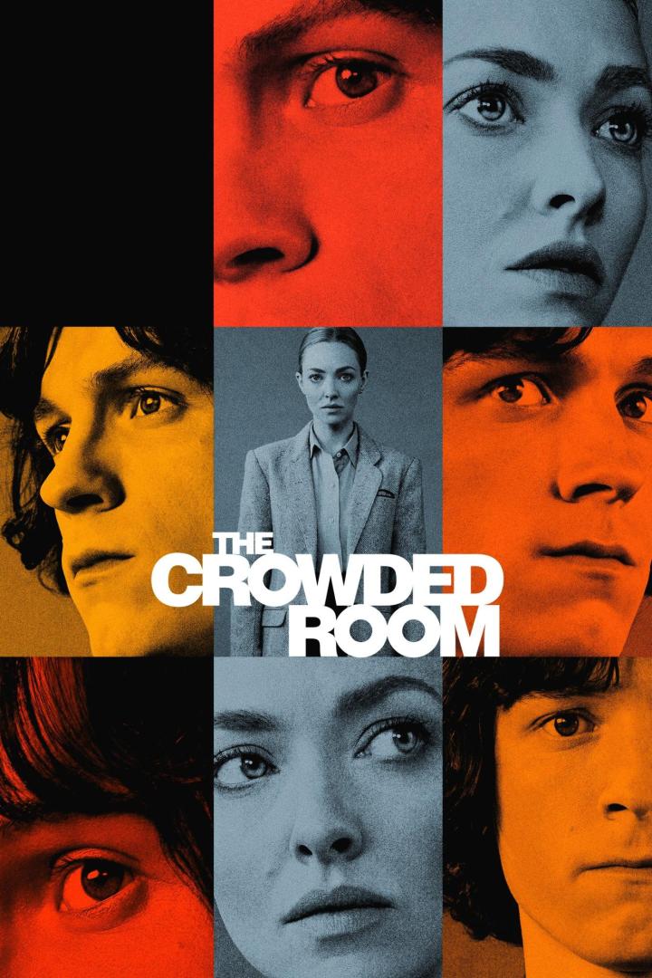 Das Filmplakat für „The Crowded Room“ zeigt Nahaufnahmen von Gesichtern in verschiedenen Farben.