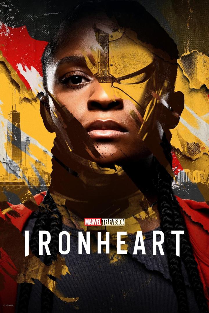 Das Poster für die Marvel-Fernsehserie „Ironheart“ zeigt eine junge Frau mit einer goldenen Iron-Man-Maske auf dem Gesicht.