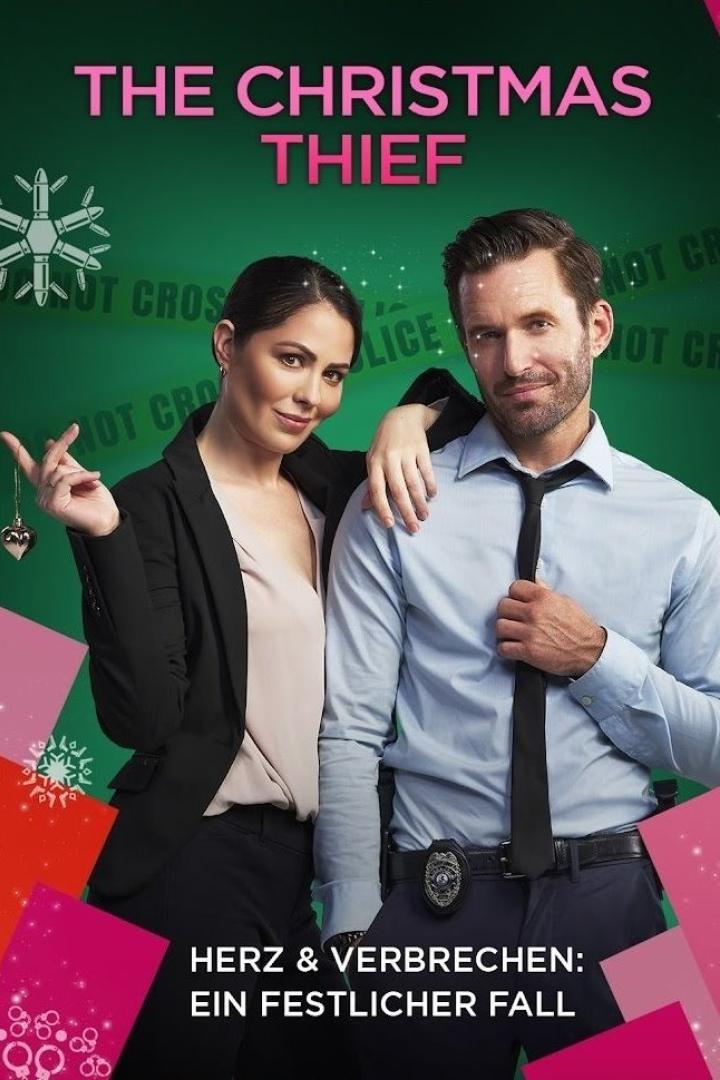 Das Filmplakat für „The Christmas Thief“ zeigt zwei Polizisten vor einem festlichen, grünen Hintergrund.