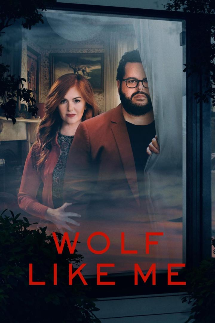 Das Filmplakat für „Wolf Like Me“ zeigt Isla Fisher und Josh Gad durch ein Fenster.