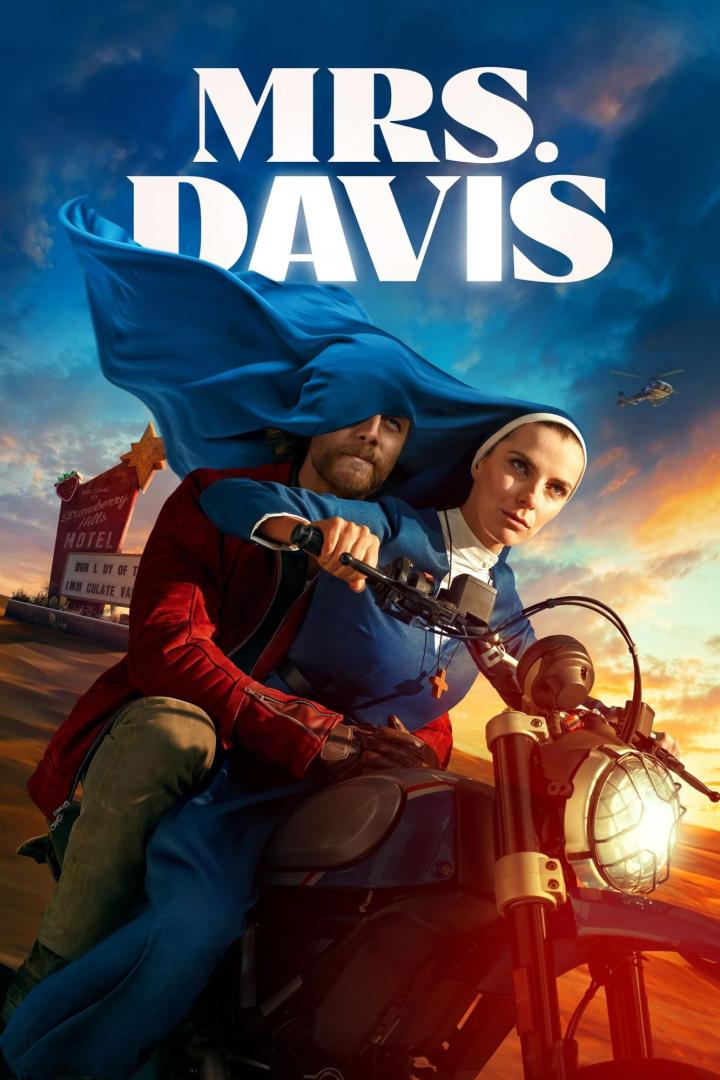 Eine Nonne und ein Mann fahren auf dem Filmplakat zu „Mrs. Davis“ auf einem Motorrad.