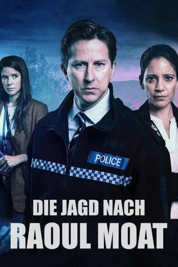 Das Filmplakat zu „Die Jagd nach Raoul Moat“ zeigt drei ernste Personen vor einem dunklen Hintergrund.