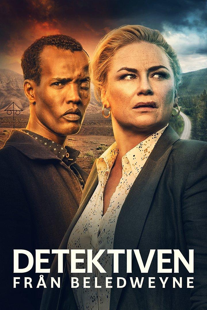 Das Filmplakat zu „Detektiven från Beledweyne“ zeigt zwei ernste Ermittler vor einer Landschaft.