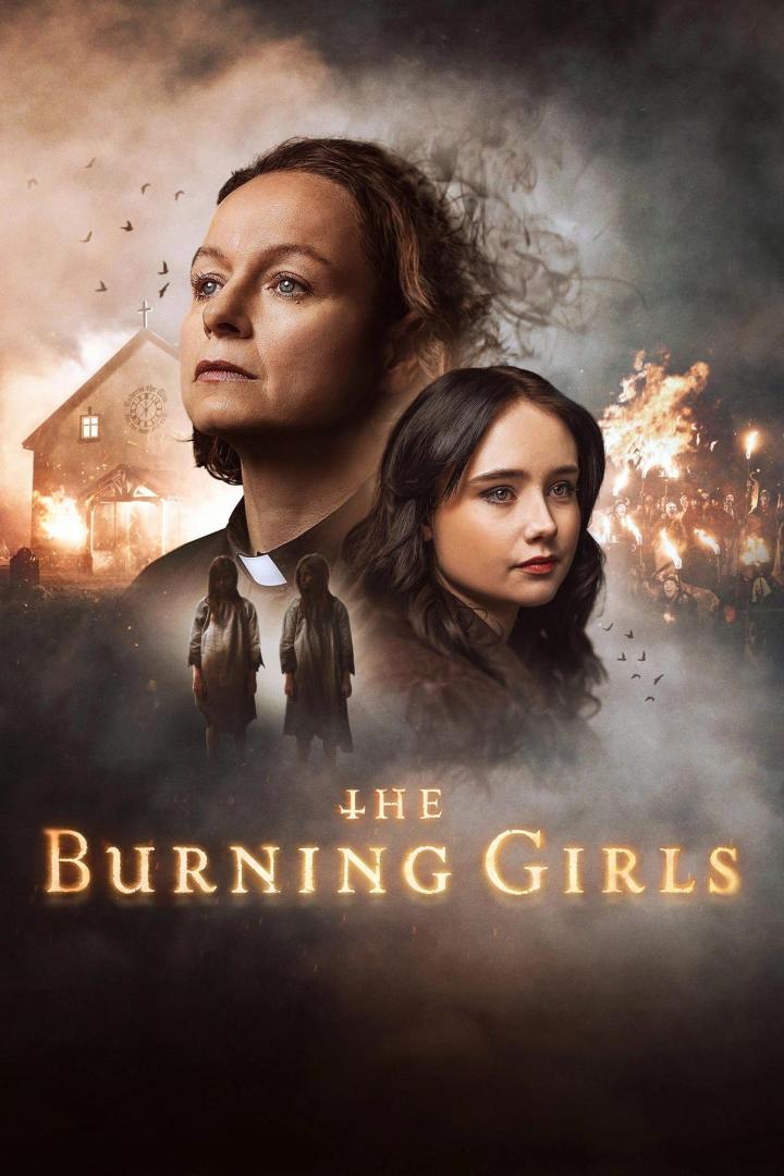 Das Filmplakat für „The Burning Girls“ zeigt eine Pfarrerin und ein junges Mädchen vor einem Hintergrund aus Feuer und Rauch.