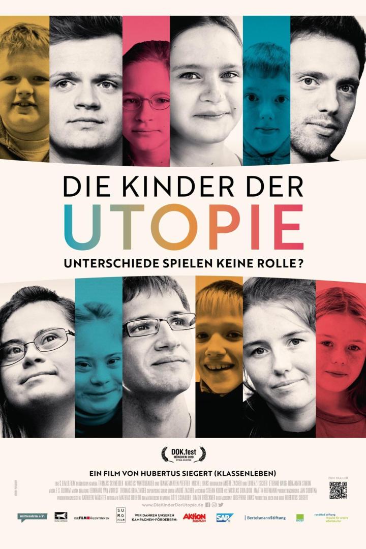 Das Filmplakat zu „Die Kinder der Utopie“ zeigt Porträts von Kindern und Jugendlichen vor farbigem Hintergrund.
