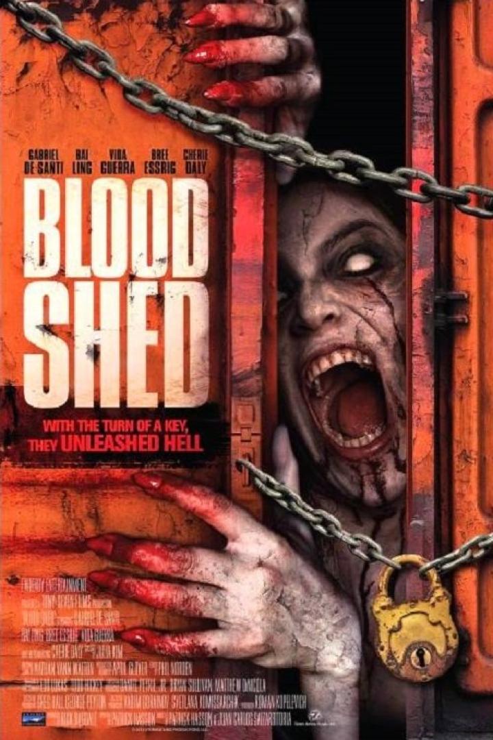 Das Filmplakat für „Blood Shed“ zeigt ein blutiges Gesicht hinter einer Kette und einem Vorhängeschloss.