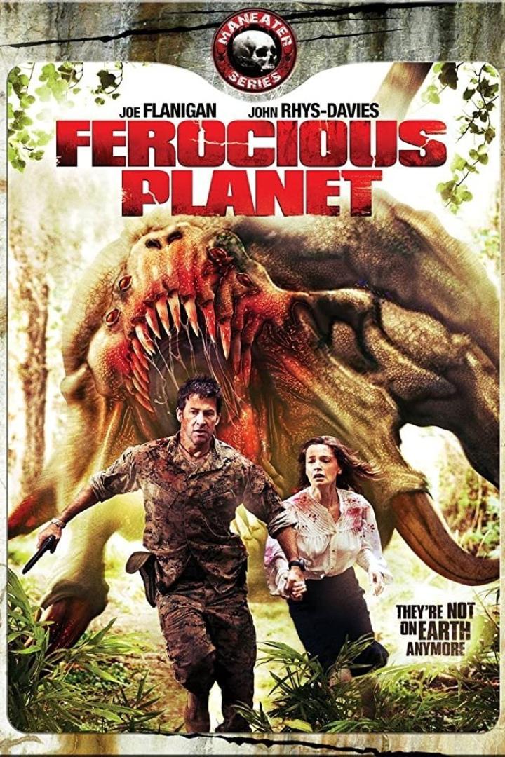 Ein Mann und eine Frau fliehen vor einem riesigen Monster auf dem Filmplakat zu „Ferocious Planet“.