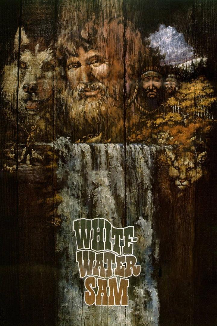 Ein Gemälde mit einem Mann, einem Wolf, einem Wasserfall und dem Schriftzug „White Water Sam“.
