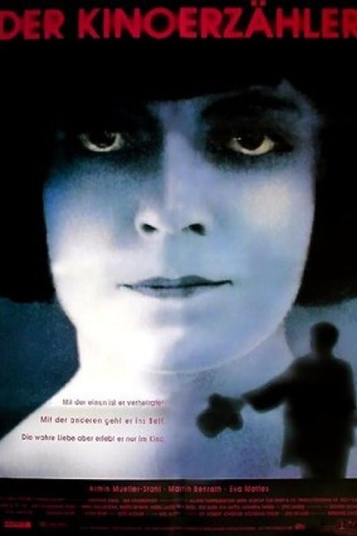 Das Filmplakat für „Der Kinoerzähler“ zeigt das Gesicht einer Frau und eine Silhouette.