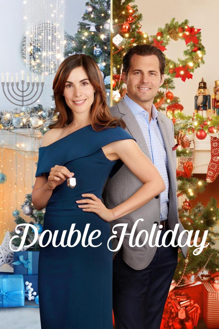 Das Filmplakat für „Double Holiday“ zeigt eine Frau mit einem Dreidel und einen Mann vor Weihnachtsdekorationen.