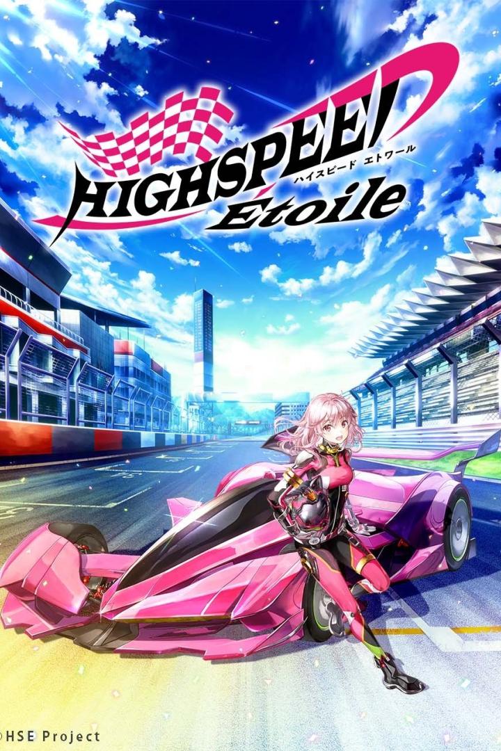 Eine Anime-Rennfahrerin steht vor einem pinkfarbenen Rennwagen auf einer Rennstrecke.