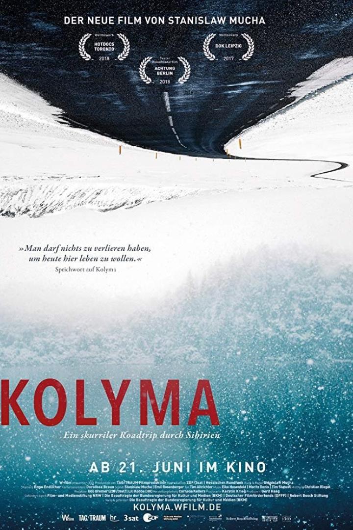 Das Filmplakat für „Kolyma“ zeigt eine verschneite Straße in Sibirien.