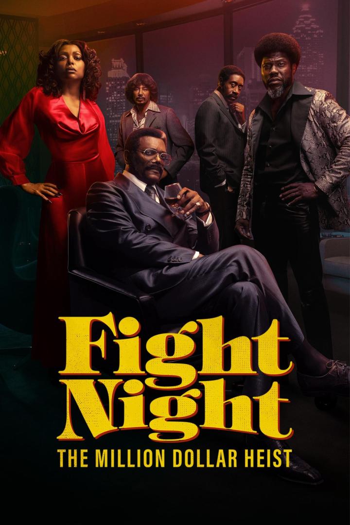 Das Filmplakat für „Fight Night: The Million Dollar Heist“ zeigt eine Gruppe elegant gekleideter Personen.