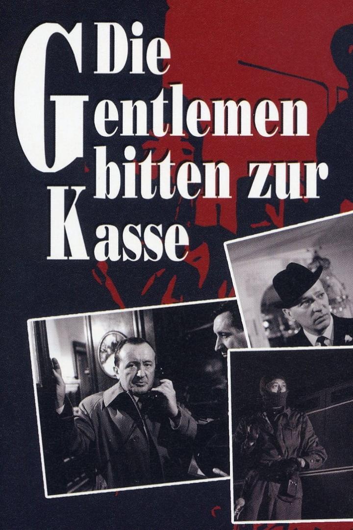 Das Filmplakat für „Die Gentlemen bitten zur Kasse“ zeigt mehrere Szenen mit den Schauspielern.