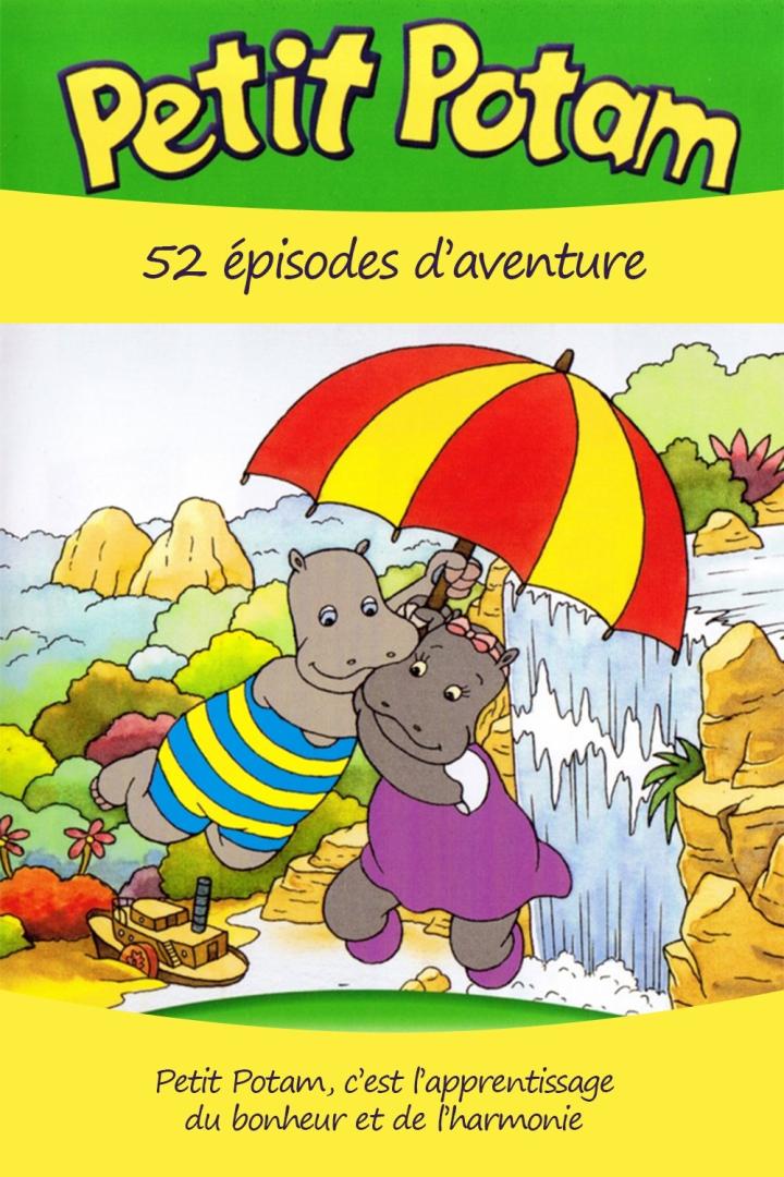 Zwei Nilpferde unter einem Regenschirm vor einer Wasserfallkulisse, aus der Zeichentrickserie „Petit Potam“.