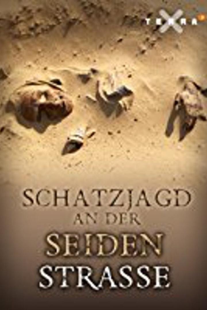 Das Logo der Terra X-Dokumentation „Schatzjagd an der Seidenstraße“ mit archäologischen Fundstücken im Sand.