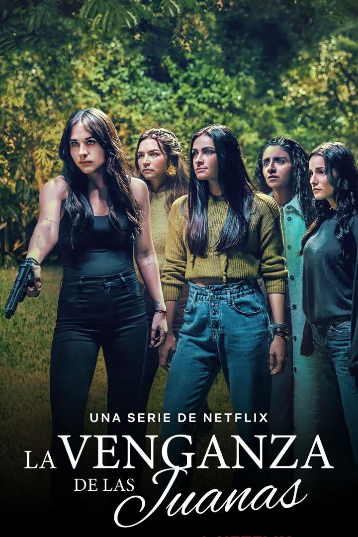 Fünf Frauen stehen vor einem grünen Hintergrund, eine hält eine Pistole; Filmposter für „La Venganza de las Juanas“.