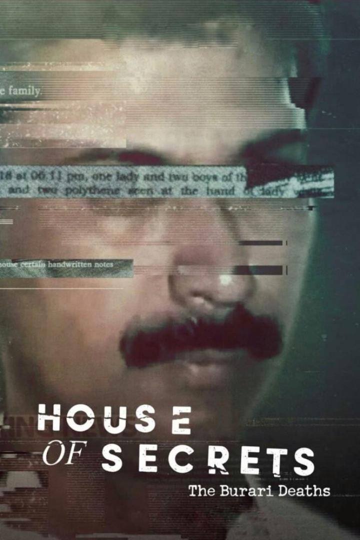 Das Poster für „House of Secrets: The Burari Deaths“ zeigt das Gesicht eines Mannes mit Schnurrbart.