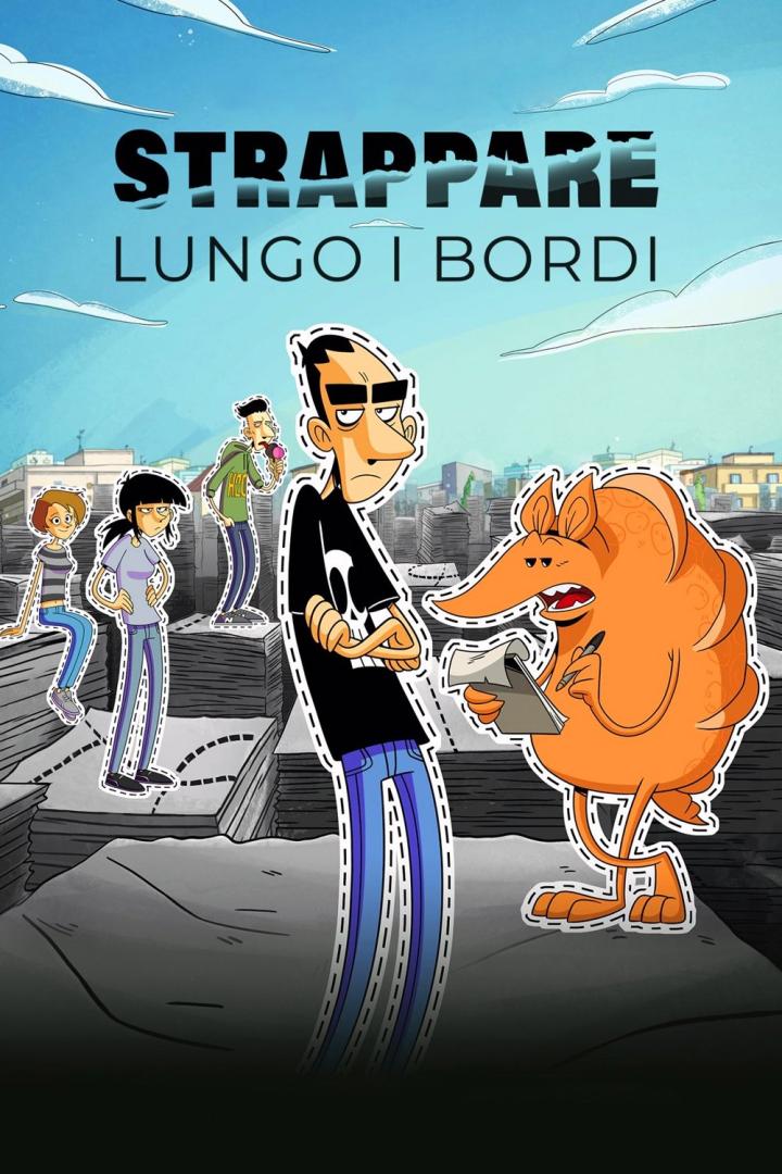 Das animierte Poster für „Zerreißen Entlang Der Ränder“ zeigt eine Gruppe von Figuren vor einem Stadthintergrund.