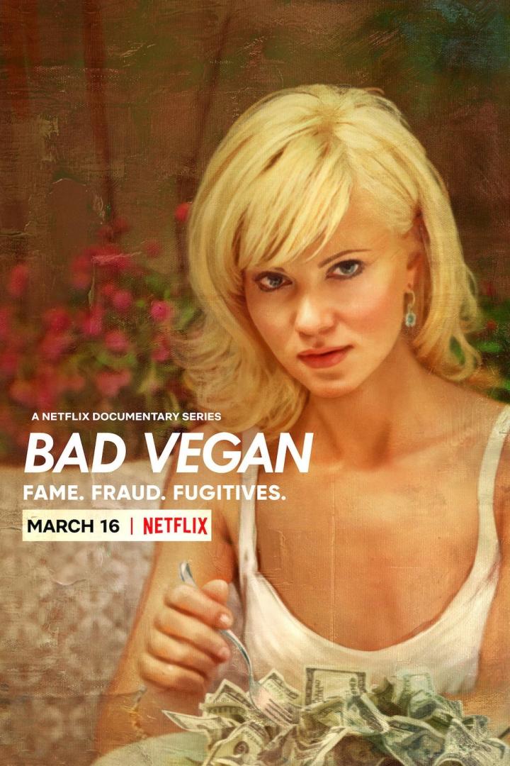 Das Poster für die Netflix-Dokumentarserie „Bad Vegan“ zeigt eine Frau mit einem Teller voller Geld.