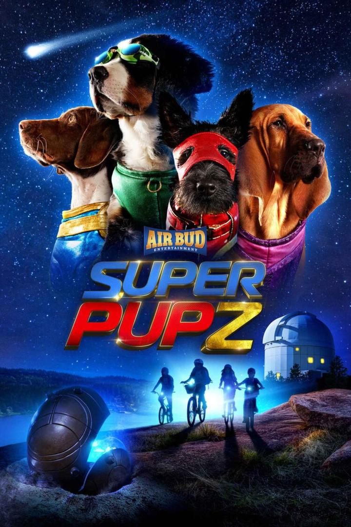 Das Filmplakat für „Super PupZ“ zeigt vier Hunde in Superheldenkostümen vor einem Sternenhimmel.