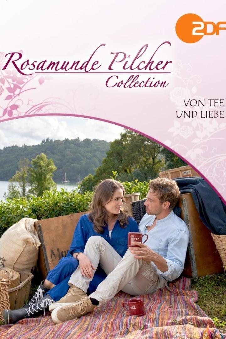 Ein Paar sitzt auf einer Decke mit Tassen und dem Titel „Rosamunde Pilcher – Von Tee und Liebe“.