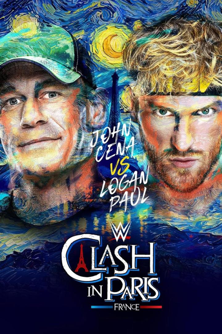 Ein Werbeplakat für „Clash in Paris“ mit John Cena und Logan Paul im Stil von Van Goghs „Sternennacht“.