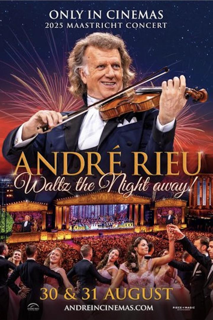 Ein Plakat für das André Rieu Maastricht Konzert 2025, auf dem Rieu Geige spielt und Paare tanzen.