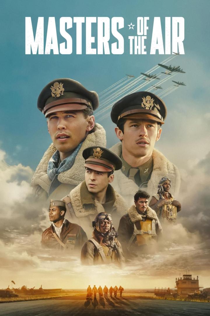 Das Filmplakat für „Masters of the Air“ zeigt Piloten und Flugzeuge vor einem bewölkten Himmel.
