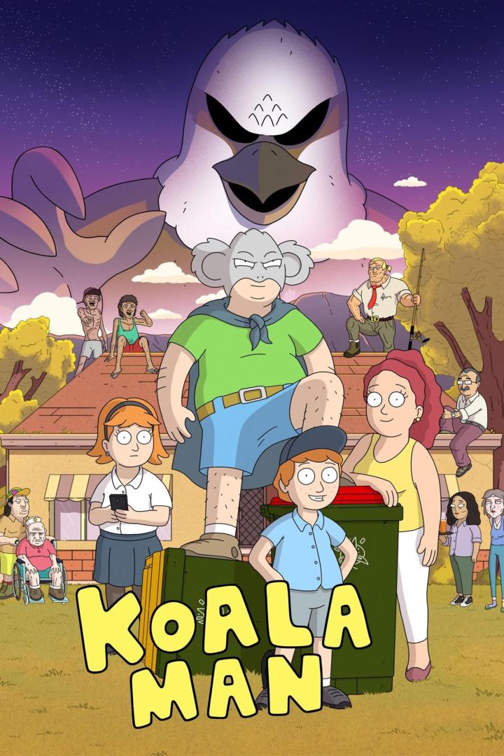 Das animierte Poster für „Koala Man“ zeigt den Koala Man, eine Familie und einen riesigen Adler.
