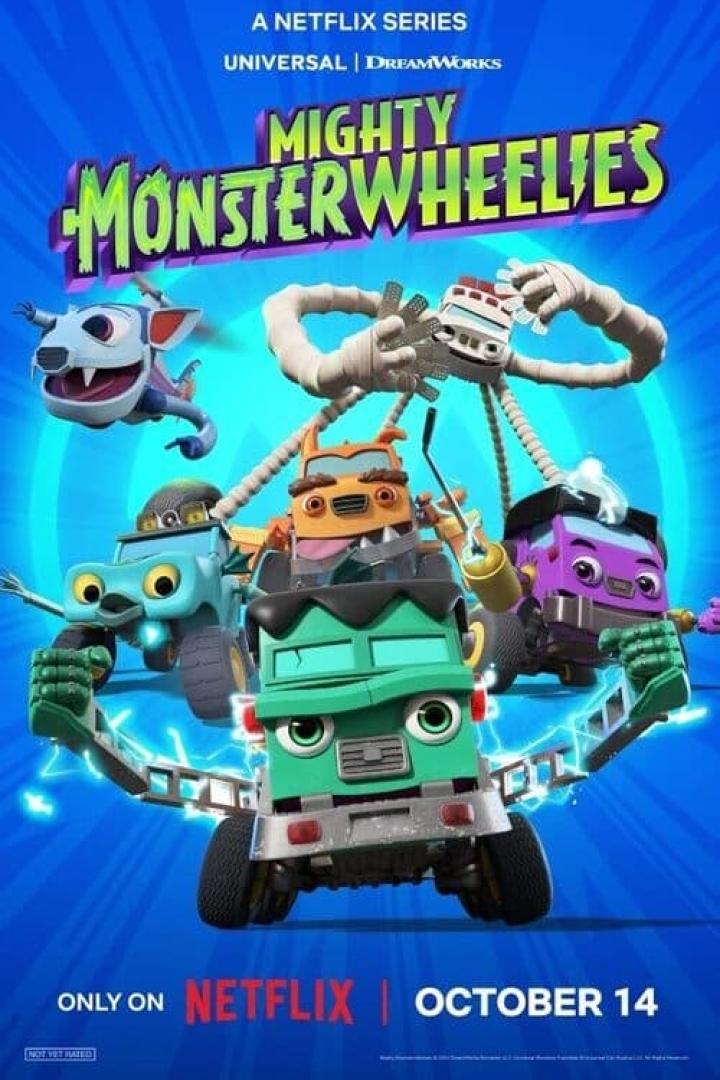 Das Poster für die Netflix-Serie „Mighty Monsterwheelies“ mit animierten Monsterfahrzeugen.
