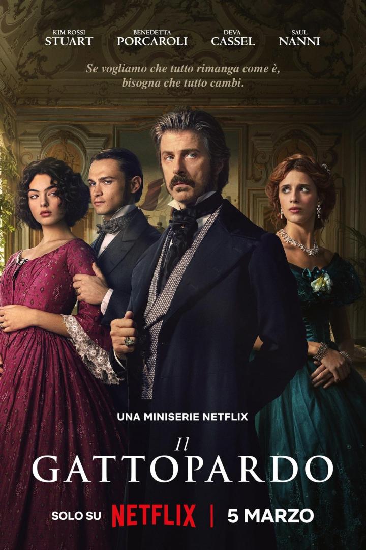 Das Poster zur Netflix-Miniserie „Il Gattopardo“ zeigt vier Darsteller in historischen Kostümen.