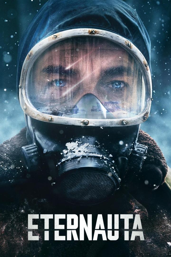 Ein Mann mit blauen Augen trägt eine Gasmaske; Filmposter für „Eternauta“.