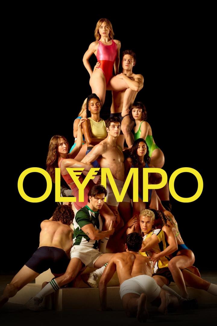 Das Werbeplakat für die spanische Fernsehserie „Élite: Olimpo“ zeigt eine Gruppe junger Menschen in Sportkleidung, die eine Pyramide bilden.