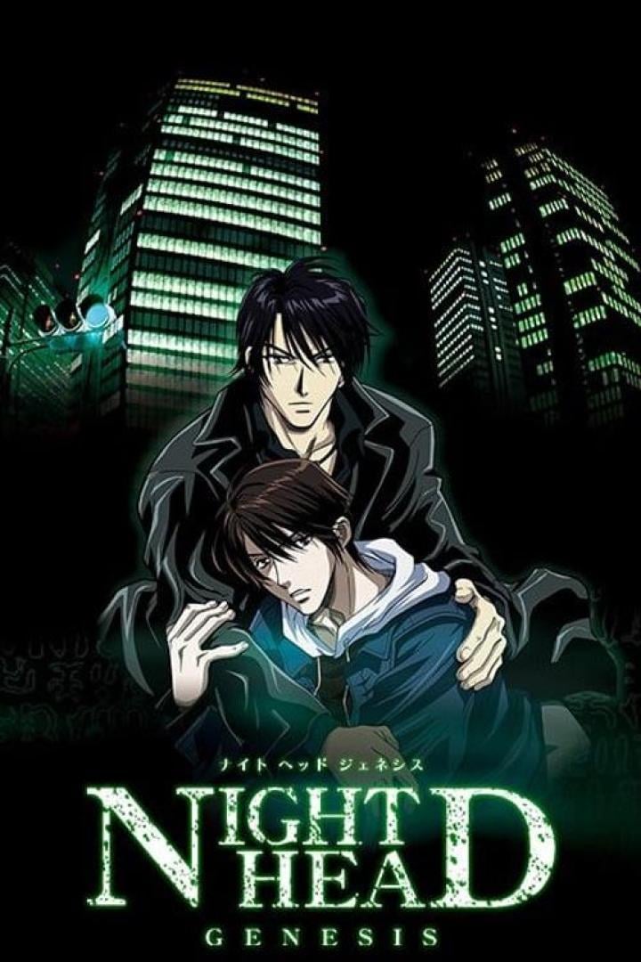 Zwei Anime-Charaktere vor einer nächtlichen Stadtkulisse für „Night Head Genesis“.